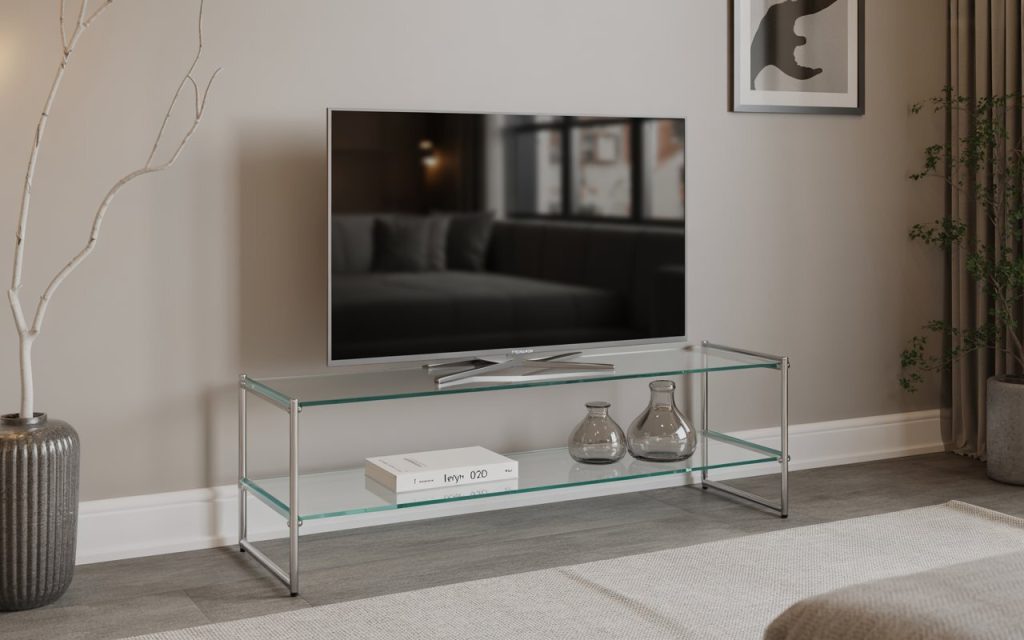 glass TV unit minimalist metal frame design