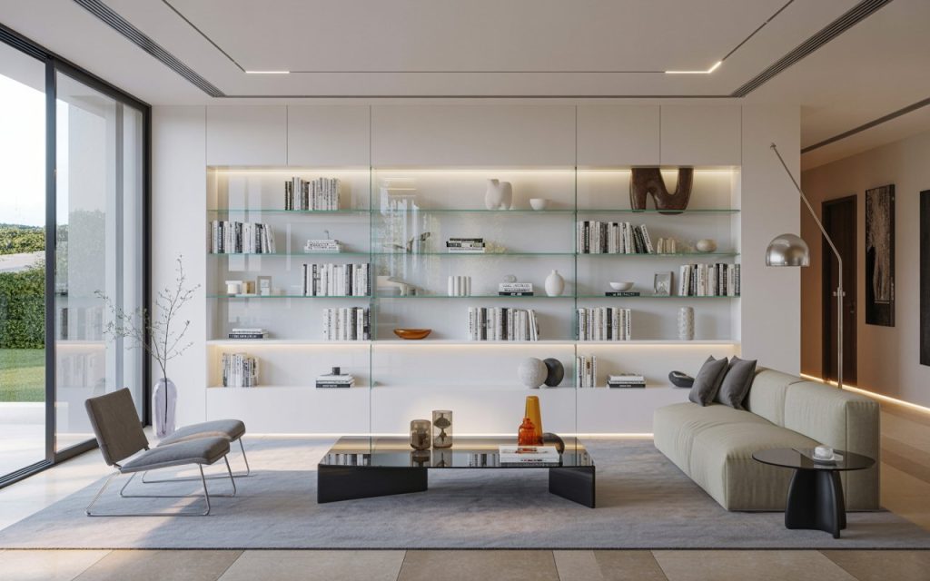 glass wall shelves living room modern backlit design