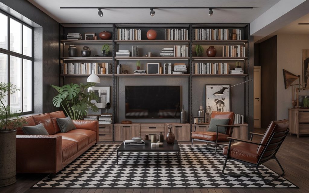 industrial metal wall shelves living room loft style
