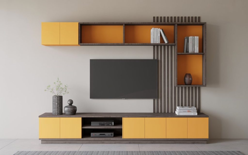  laminate TV unit material bold yellow modern design