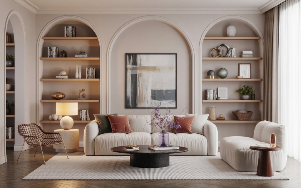 living room wall shelves arched built-in elegant design