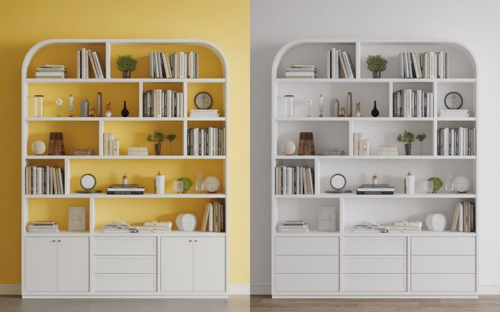  living room wall shelves colour background contrast comparison