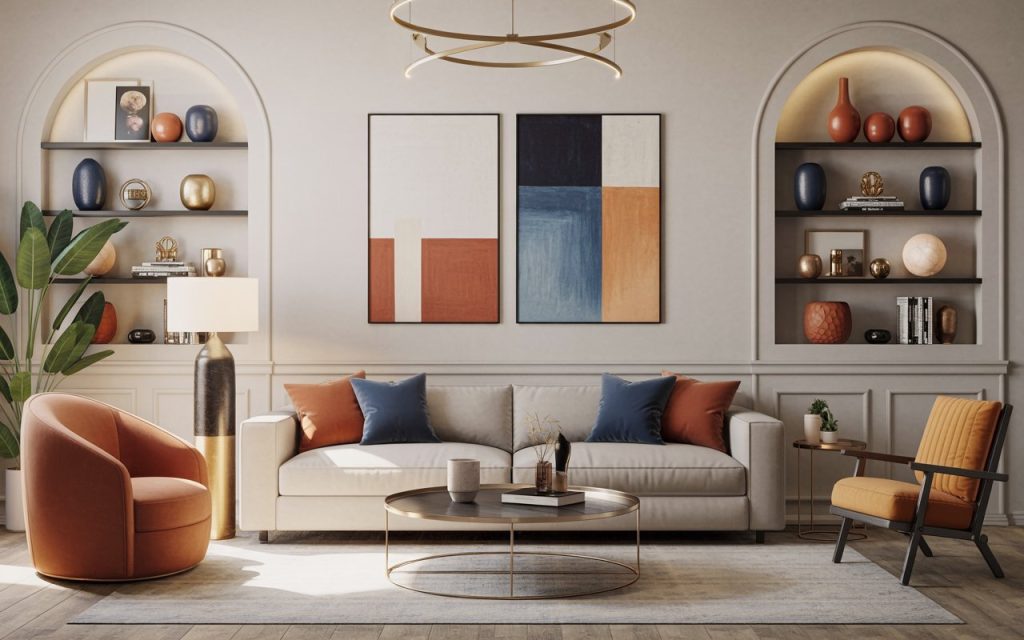  living room wall shelves arched niche colour coordination