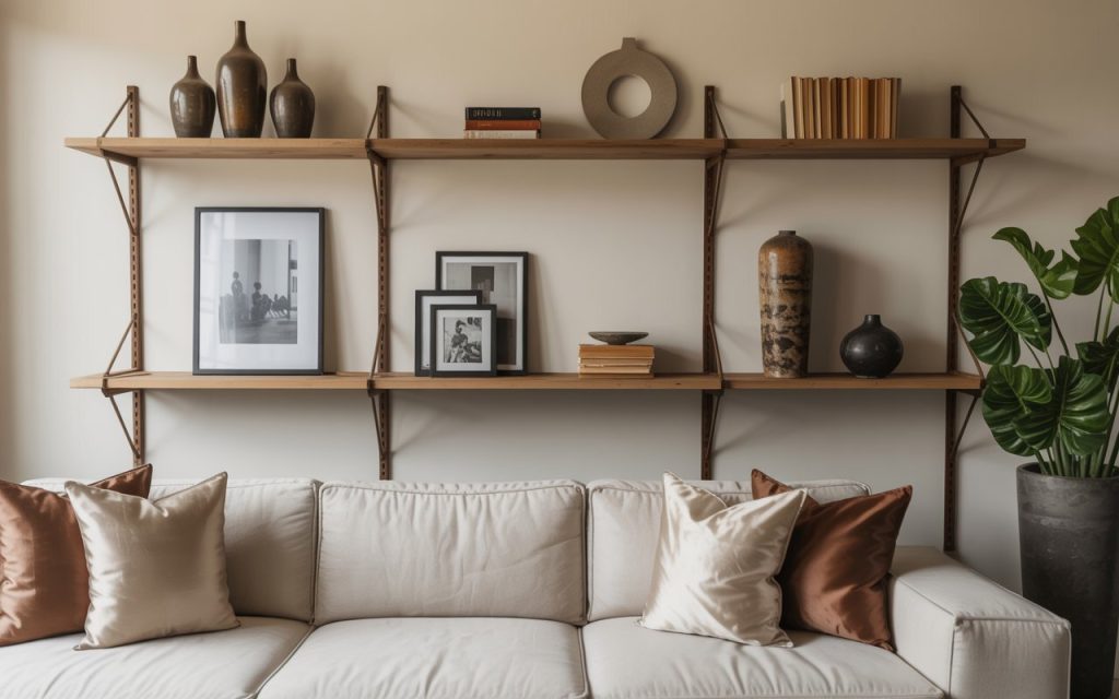 living room wall shelves layered decor above sofa
