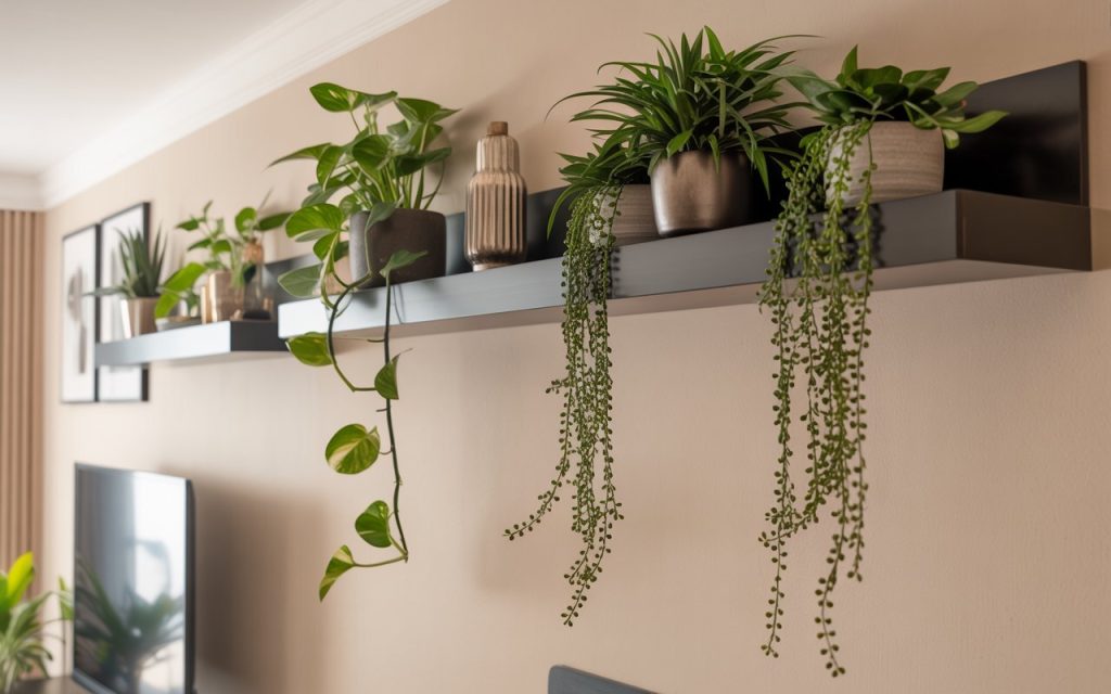  living room wall shelves with trailing green plants