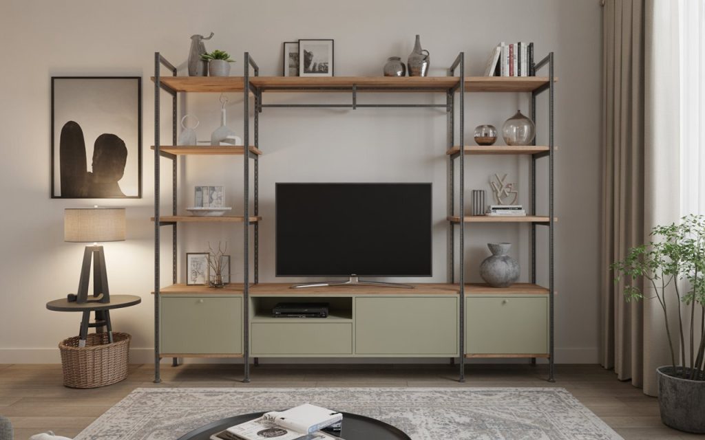 metal TV unit wood shelves industrial living room