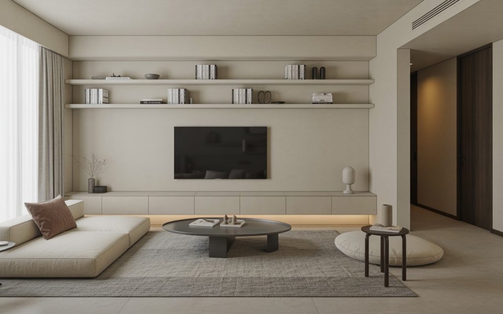 minimalist floating wall shelves living room beige
