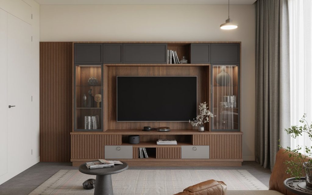 mixed material TV unit wood glass modern design