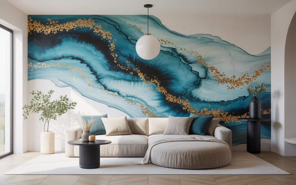 modern abstract wallpaper design blue gold living room