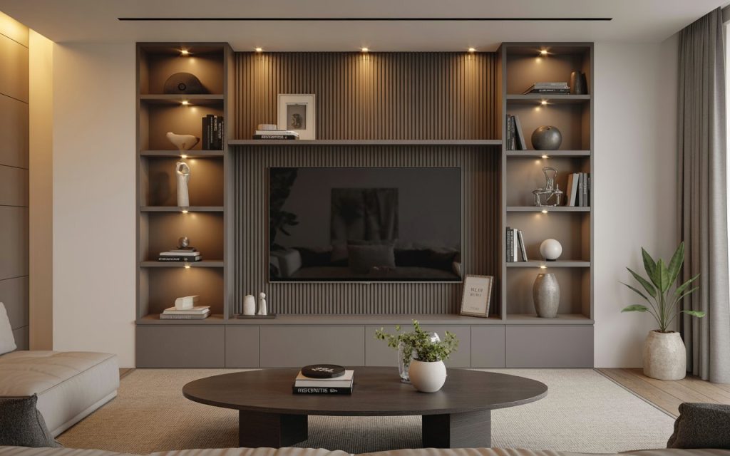 spot light TV unit accent lighting wooden shelves