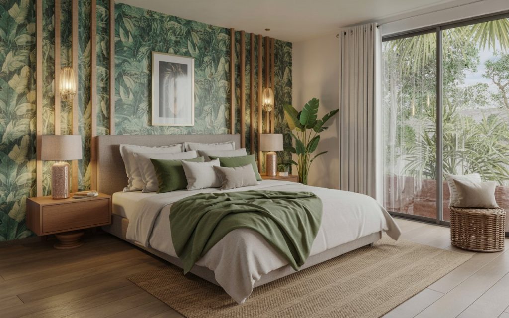 biophilic modern bedroom wallpaper design tropical leaf