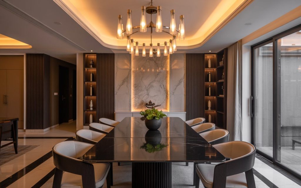 black dining room table gold chandelier luxury decor