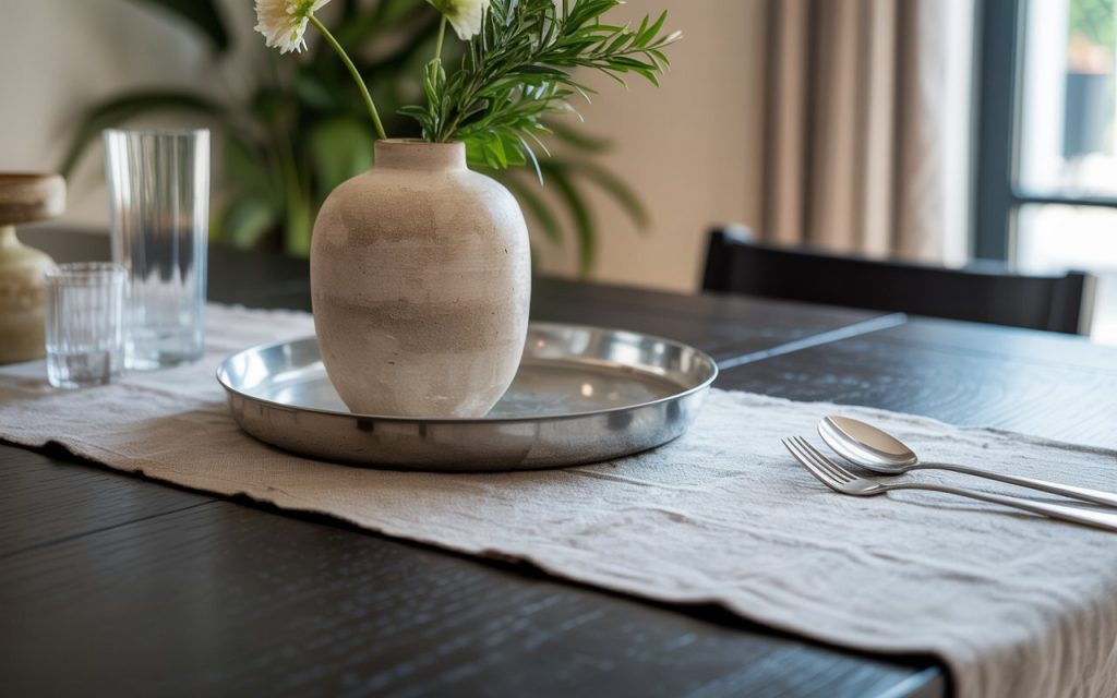  black dining table centerpiece ceramic vase linen runner