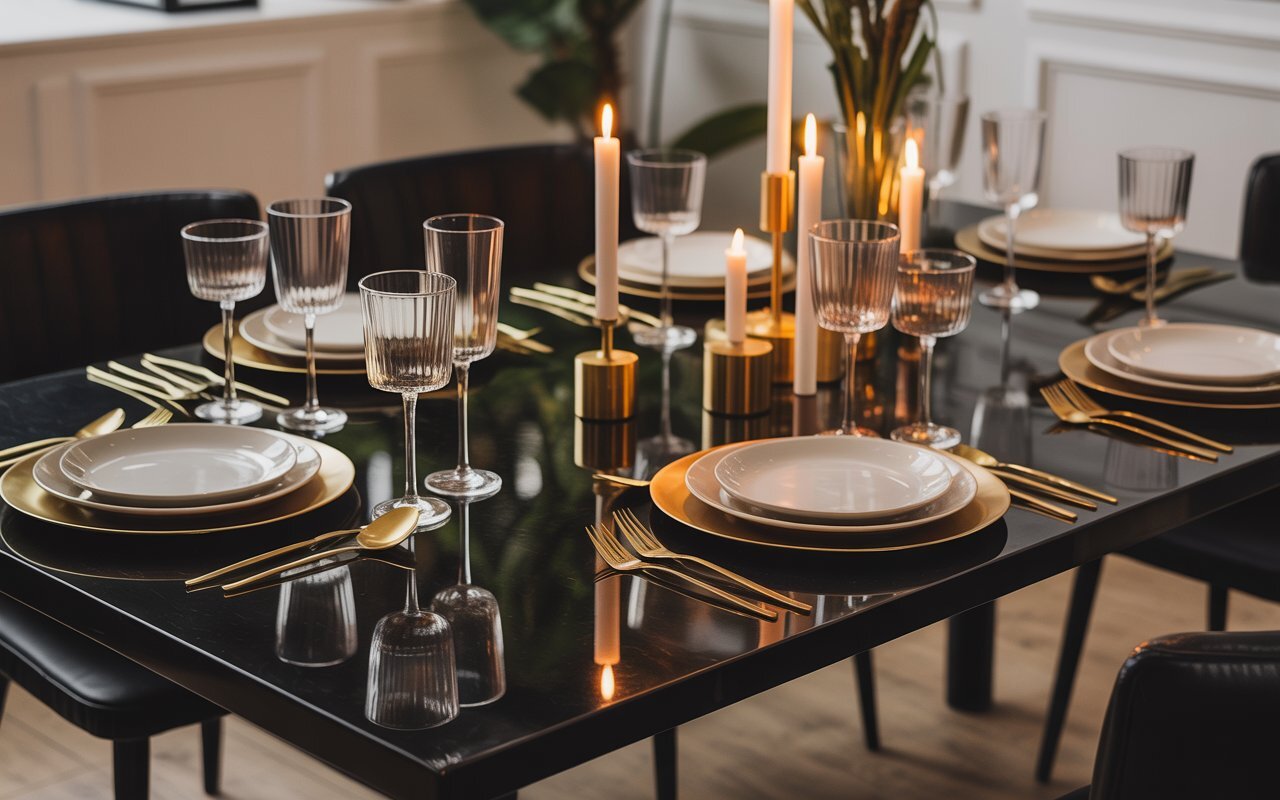  black dining table gold cutlery candlelight formal setting