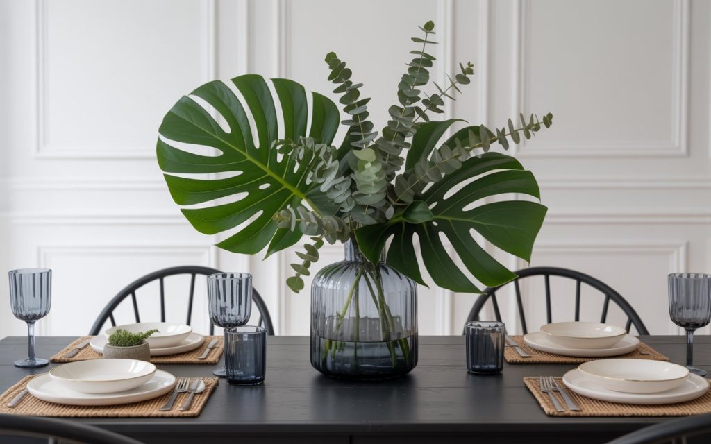  black dining table Monstera botanical centerpiece decor