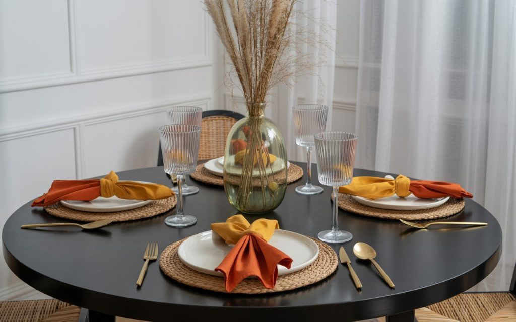 black dining table mustard napkins bold colour pop decor