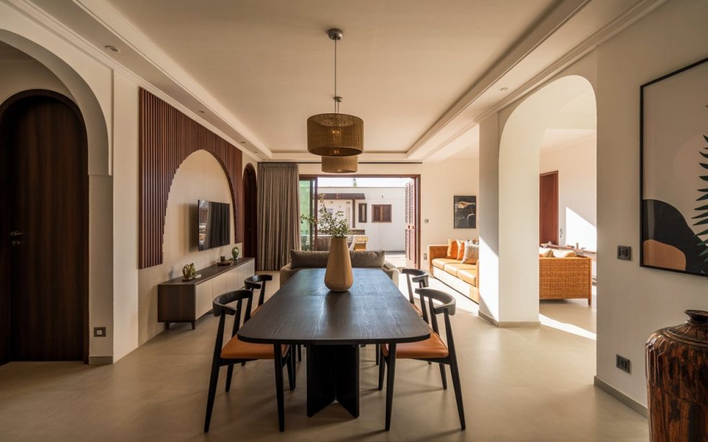 black dining table open-plan modern home decor ideas