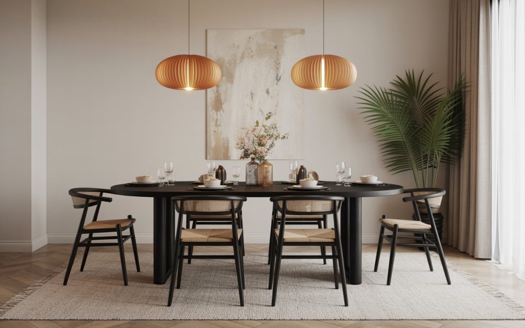 black dining table rattan chairs pendant lights decor