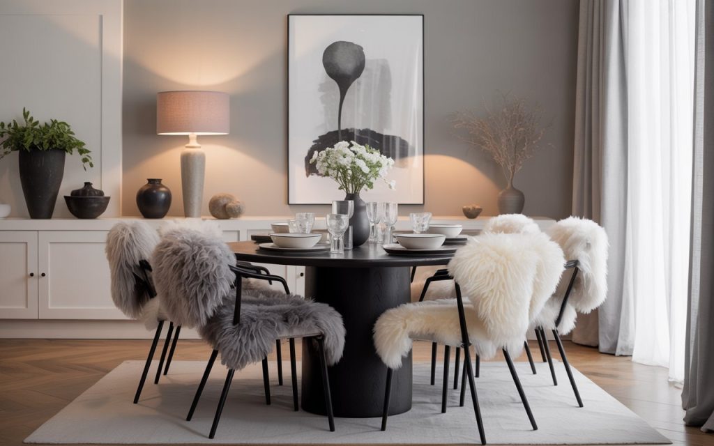 black dining table sheepskin chairs soft texture decor