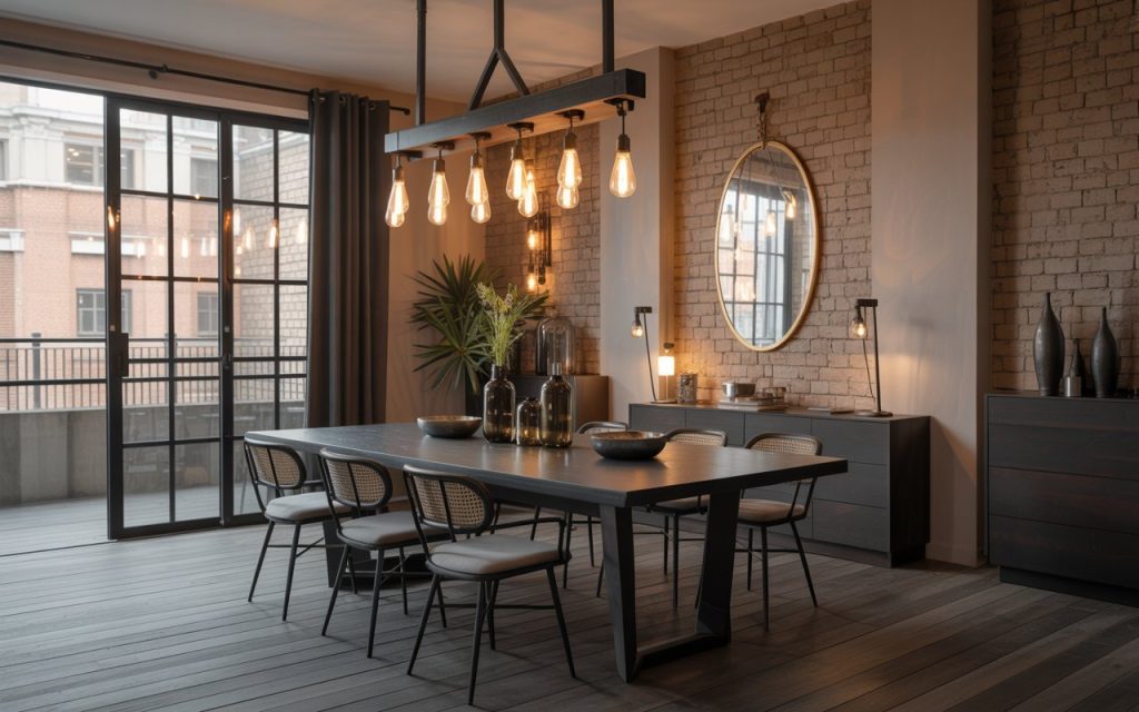  black dining table wall mirror wire pendant light decor