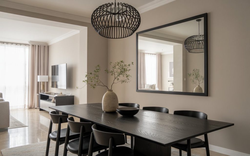  black dining table wall mirror wire pendant light decor