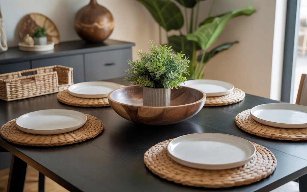 black dining table woven placemats wooden bowl centerpiece