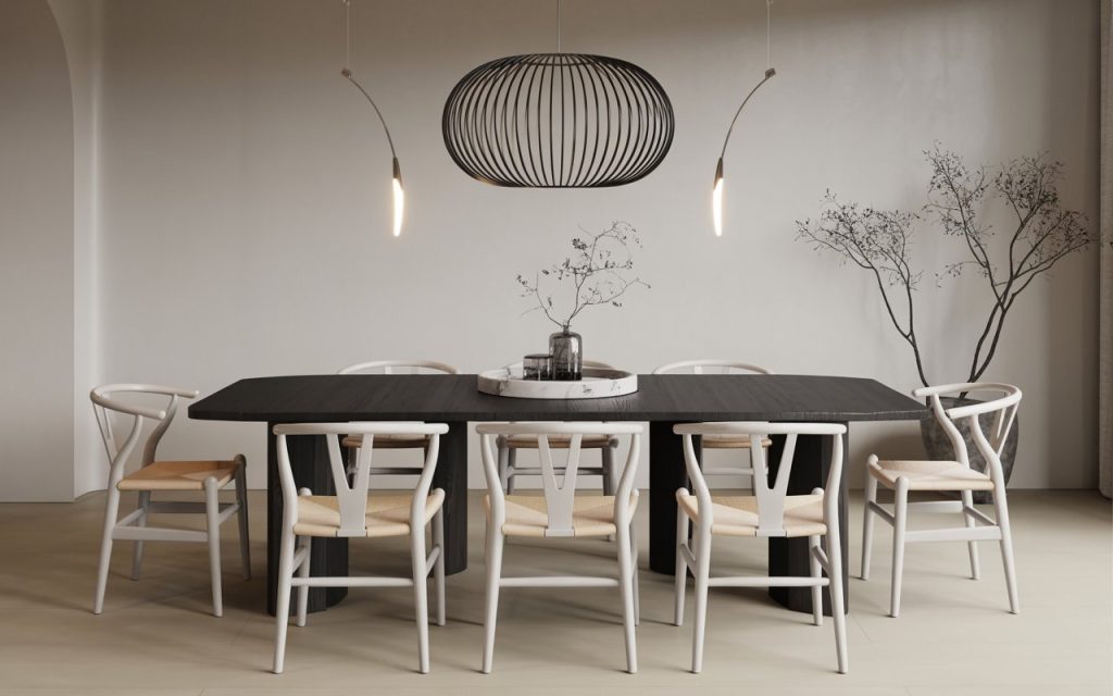 black white modern dining table wishbone chairs decor