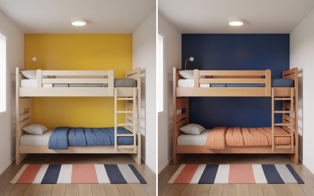bunk beds for boy and girl neutral yellow navy colour