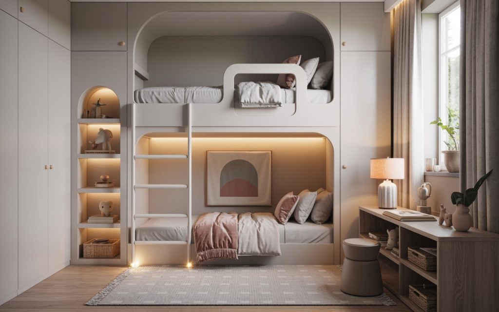cute bunk beds for girls arched design built-in ladder nook