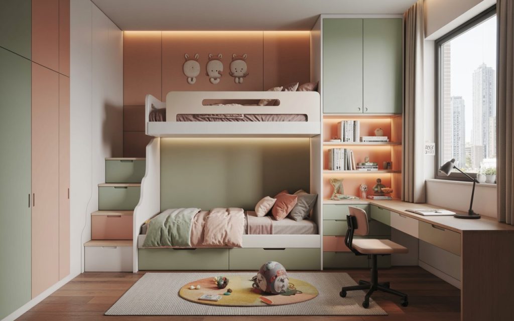 cute bunk beds for girls built-in wardrobe open shelving