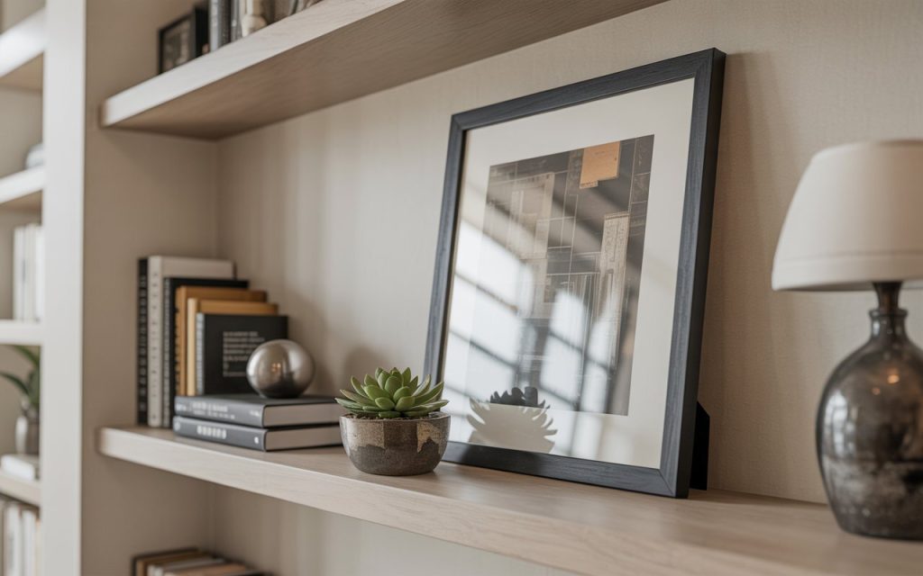  floating wall shelves living room layered styling close-up