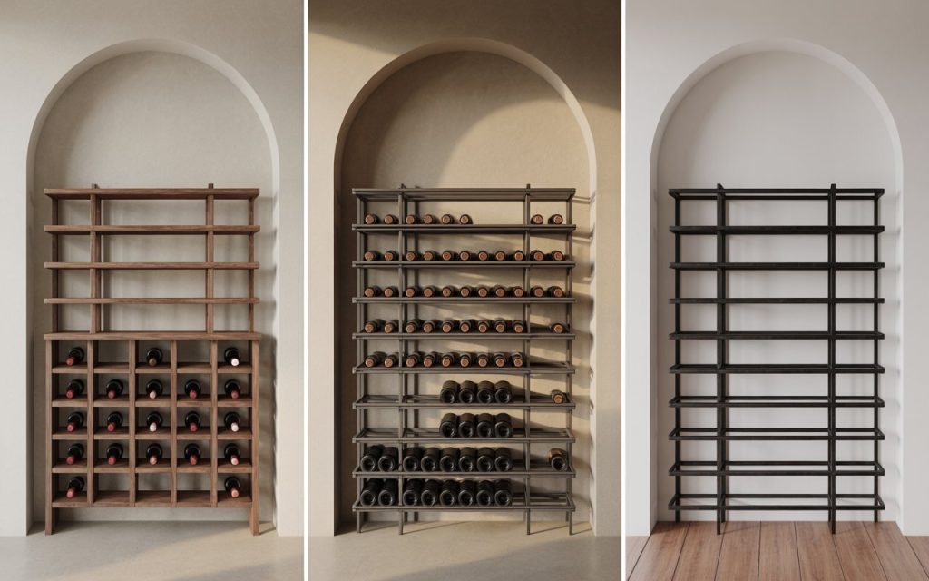 wooden and metal wine rack styles comparison