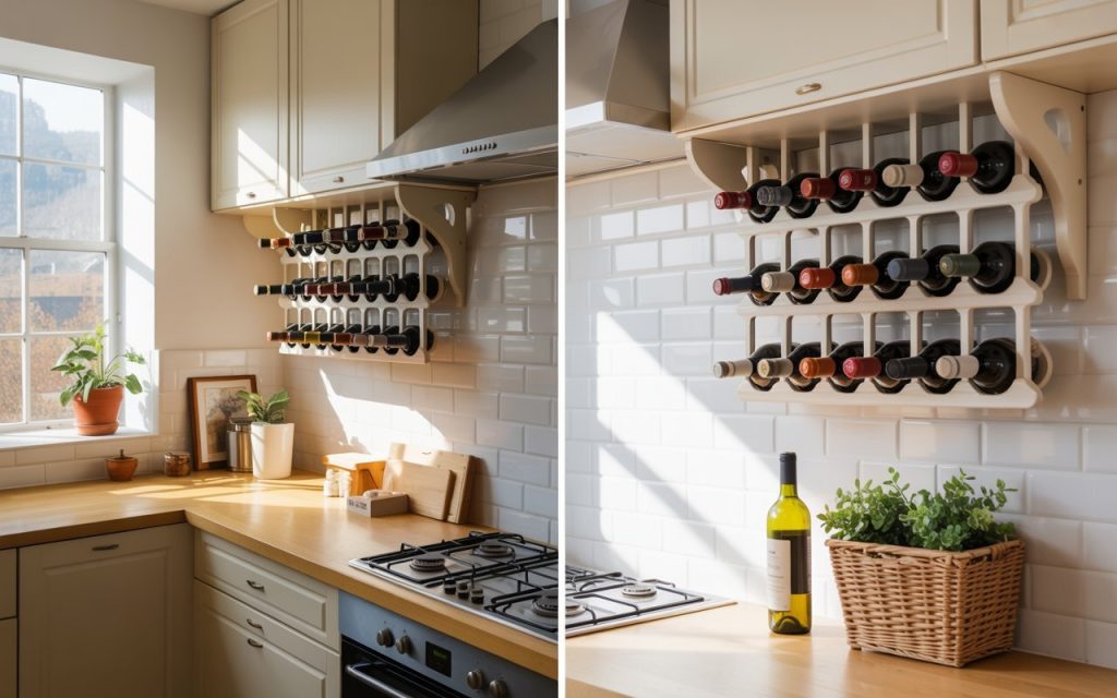 wall mounted wine rack in small kitchen