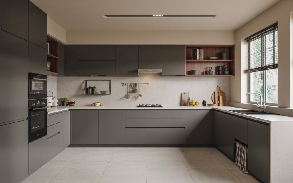 modular L-shaped kitchen matte charcoal cabinets Patna