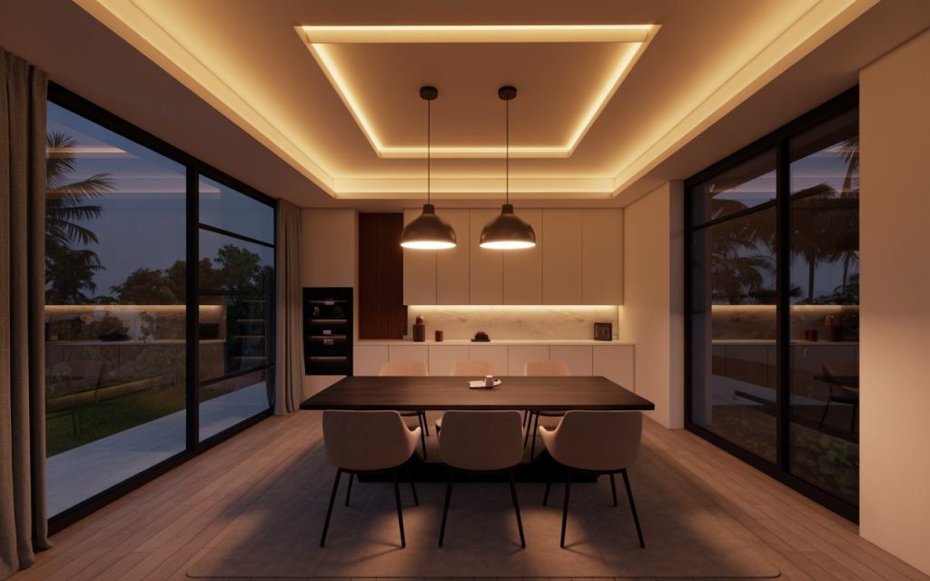 smart layered lighting modern dining interior design Patna