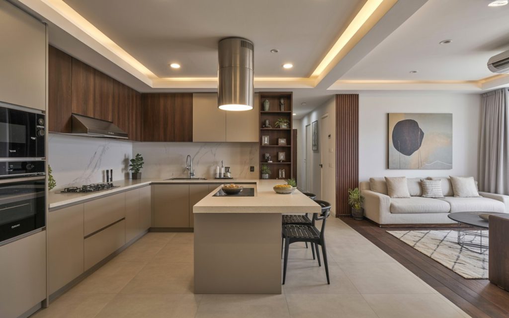 smart open-plan kitchen interior design Chandigarh 2026