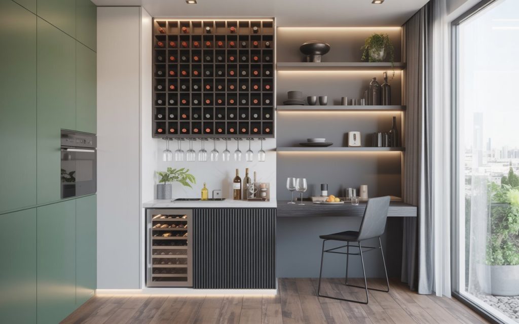 wall mounted wine rack with hanging wine glass rack