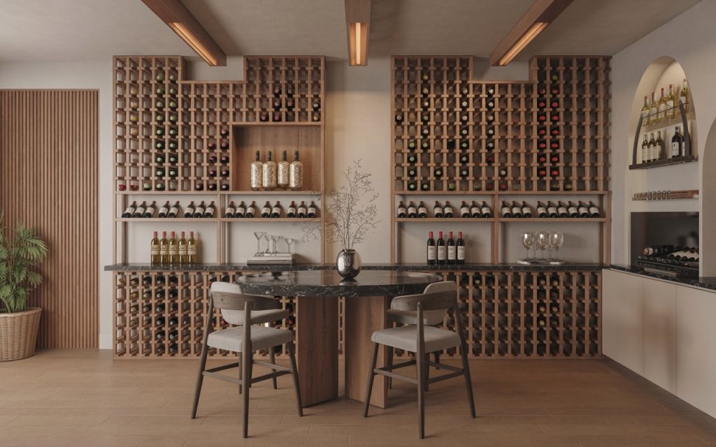 large wooden wine rack in home cellar dining area
