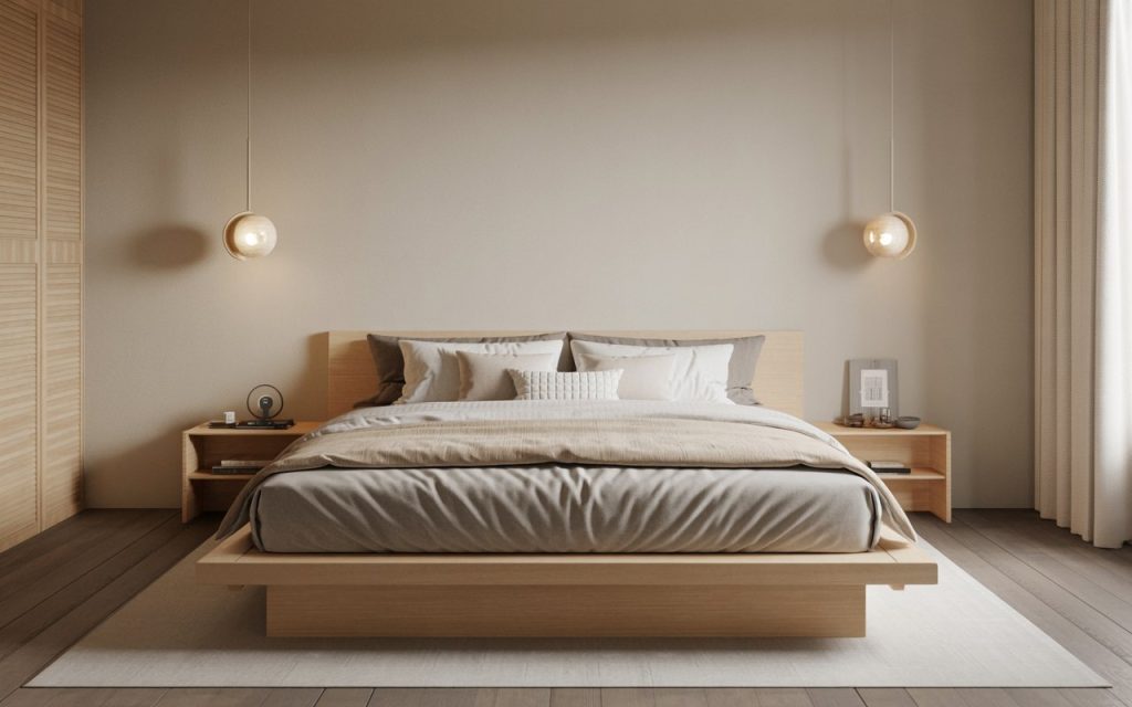 low floor bed design natural wood Japandi style