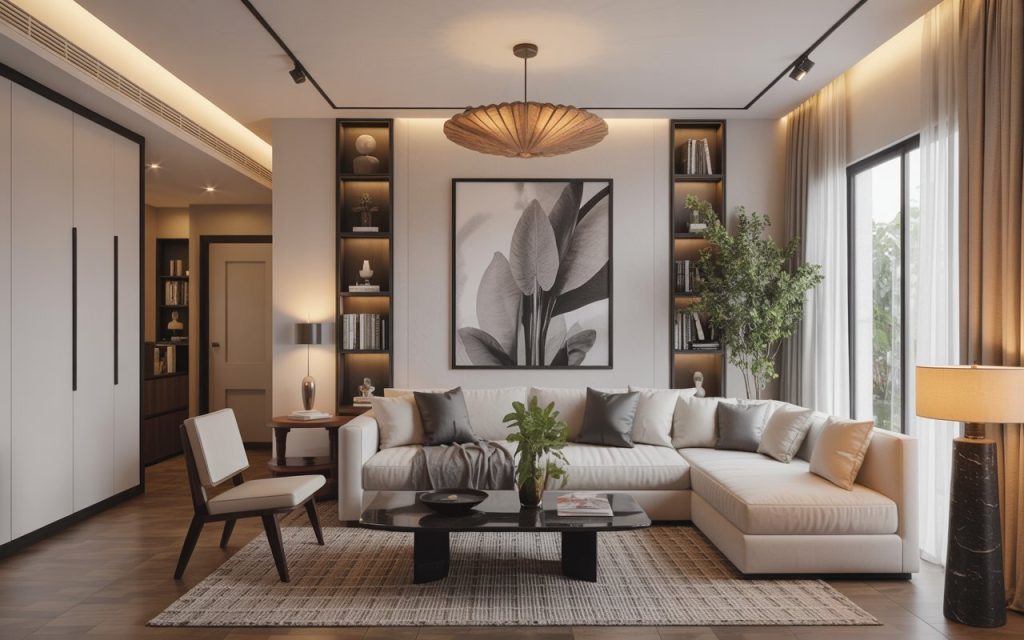 minimalist modern living room warm tones interior design Patna