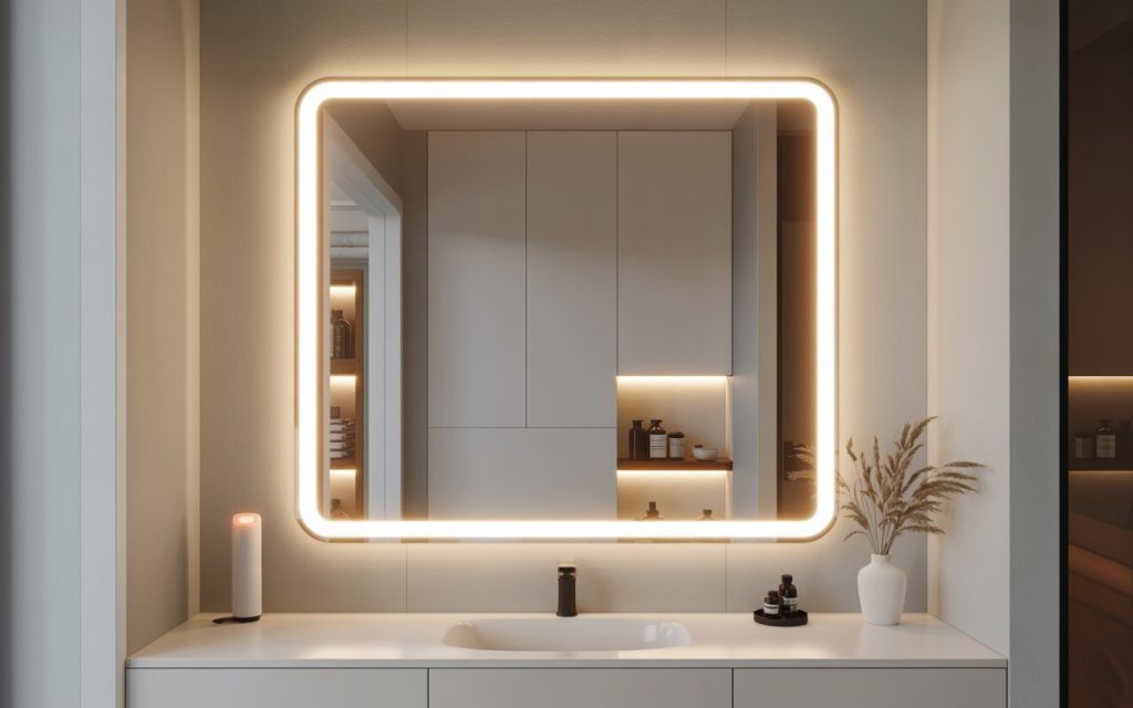 backlit square mirror light design bathroom vanity