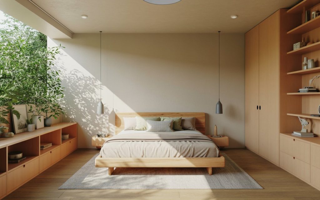 Plywood bed design minimalist bedroom with storage shelves