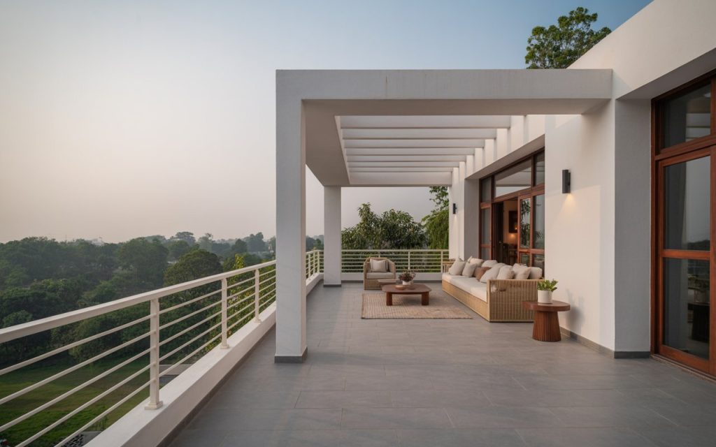 simple terrace railing design steel horizontal Indian villa