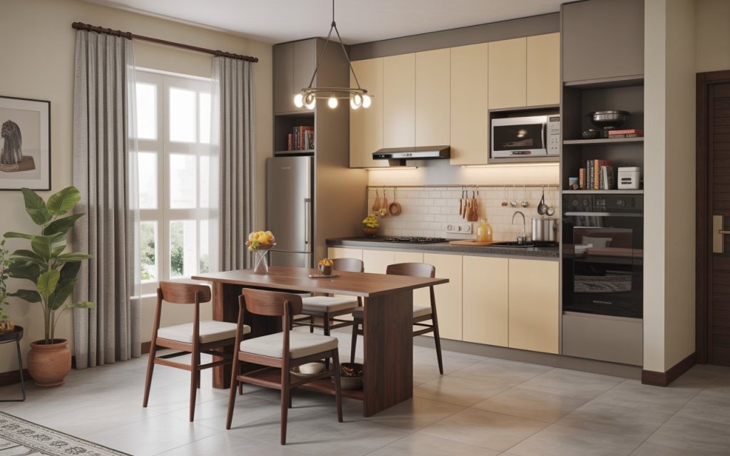 small kitchen table with storage in compact kitchen