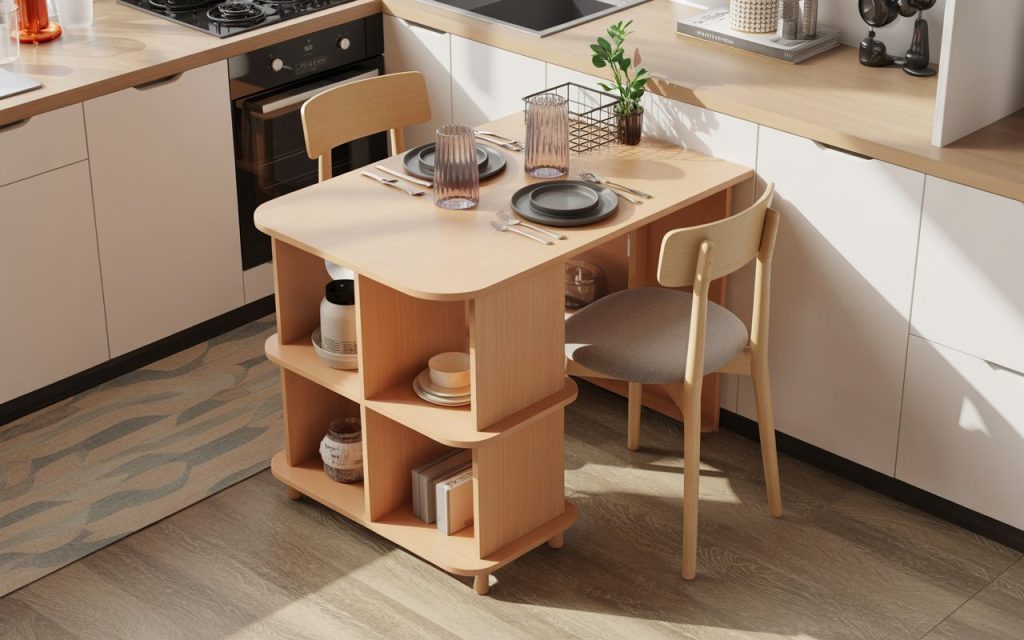 small kitchen table with storage shelves for two