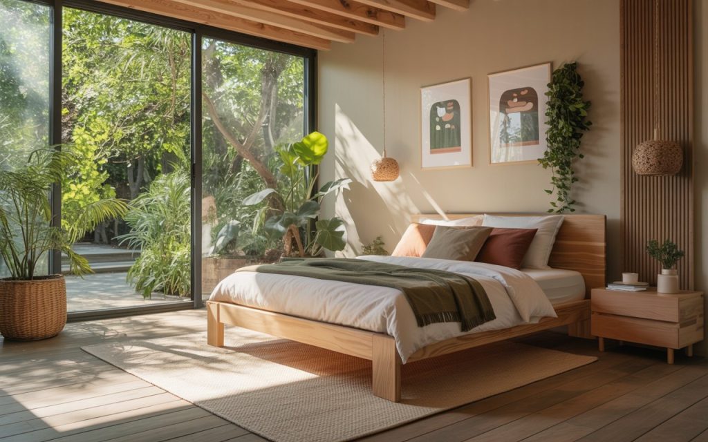  Solid wood bed frame in nature-inspired airy bedroom