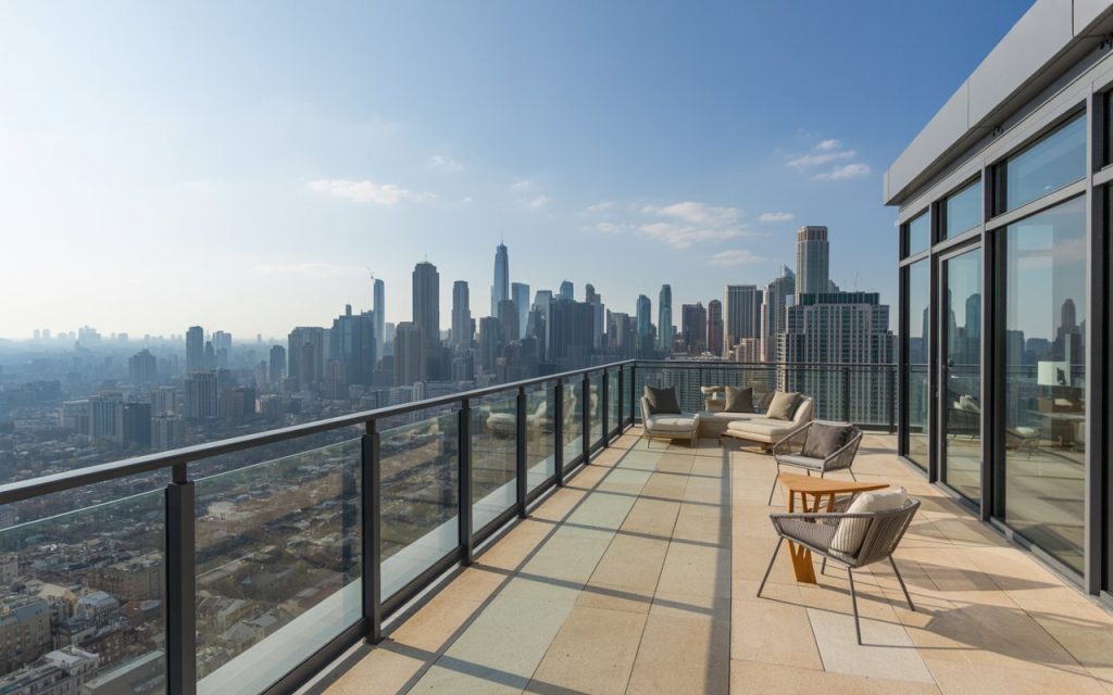 glass metal terrace railing design penthouse skyline view