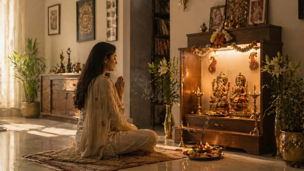 cabinet style home altar design Indian prayer space