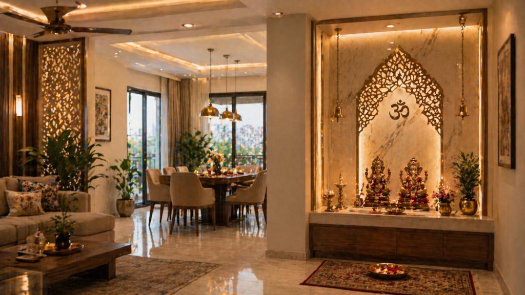 home altar design marble niche gold jaali Indian