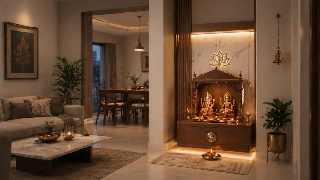 home altar design wooden niche Indian living room